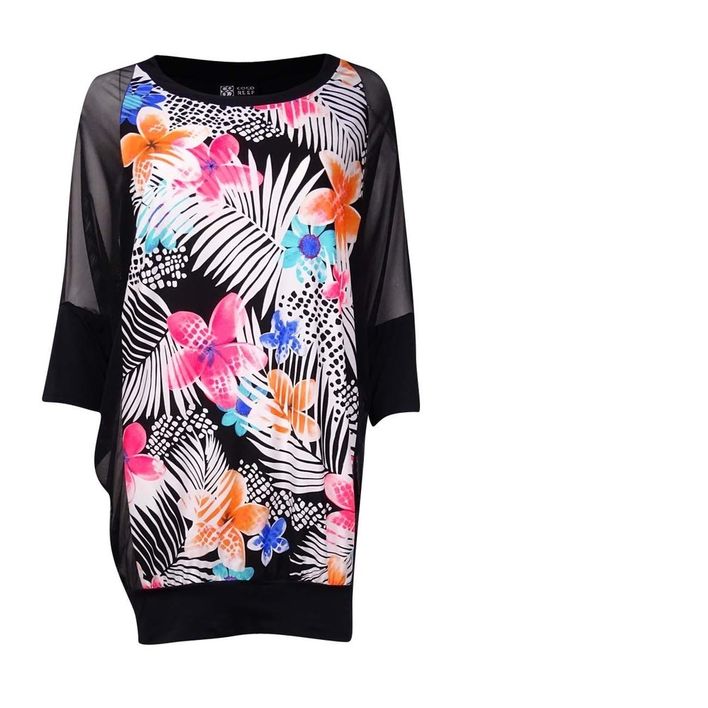 Coco Reef Women's Mesh Sleeve Floral Printed Coverup (L/XL  Cast Black)